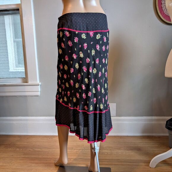 Vintage 90s Y2K Express Midi Skirt Dark Floral Silk Ruffle Polka Dot Whimsygoth - Picture 3 of 12